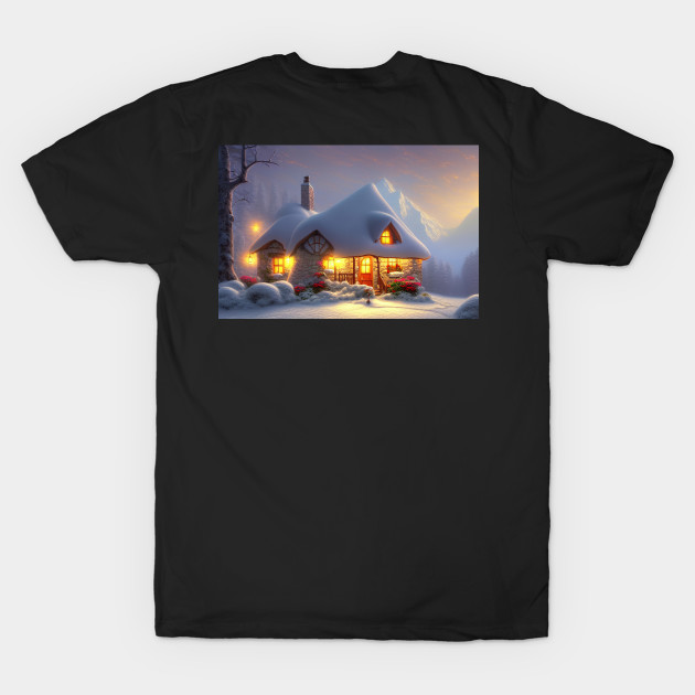 Magical Fantasy House with Lights in a Snowy Scene, Fantasy Cottagecore artwork by Promen Art